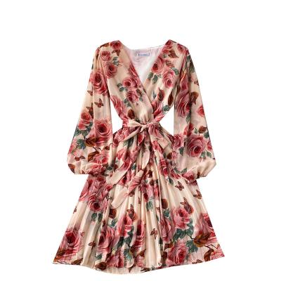 China Sweet Pleated Dress Women's Sweet Pleated Dress Women's Floral V-Neck Ruffle Waist Belted Anti-Static Romantic Shrink Dress for sale