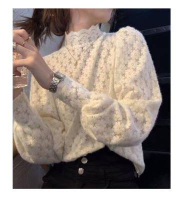 China Autumn Latest Design Elegant White anti-shrink hollow out puff sleeve fashionable winter high neck women tops shirts 2021 for sale