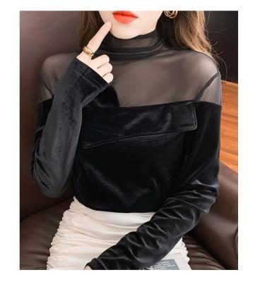 China Anti-shrink in the neck Gold Velvet Mesh T-shirt 2021 new ladies clothing female temperament wholesale current fashion basing shirt for sale