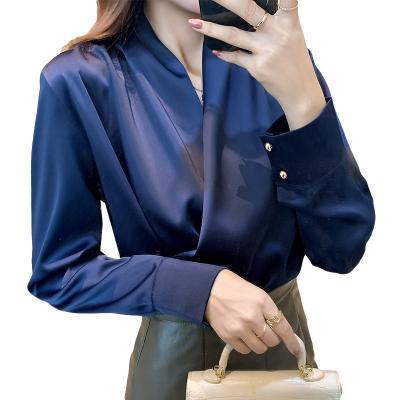 China Anti-shrinkage in the 2021 new fashion women's clothing wholesale white French chic satin shirt yard top female style long sleeve V-neck for sale