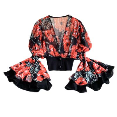 China 2021 QUICK DRY Drop Sprint V Neck Chiffon Puff Sleeve Crop Top Ladies Girls Crop Top for sale