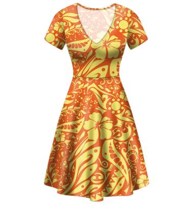 China Anti-Static Good Quality Custom Polynesian Tribal Orange Bottom With Hibiscus Prints Womens V-neck Dress Women Long Sleeve Sexy Dress for sale