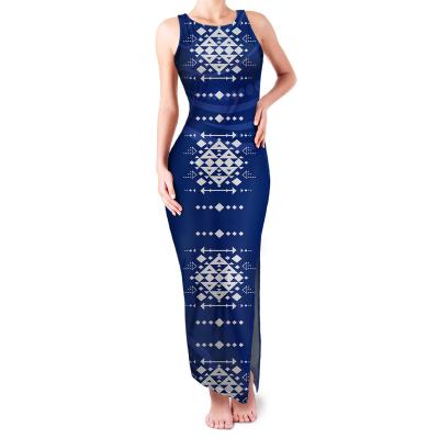 China Fijian Masi Tapa Polynesian Art Pattern Sleeveless Anti-Wrinkle Split Long Elegant Bodycon Dress Party Summer Dresses Women Long Dress for sale