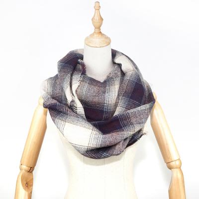 China Soft Touch Feeling Lady Warm Infinity Scarf acrylic winter knit high quality polyester viscose brushed cashmere feel plaid color China wholesale custom woven blended scarves scarf of scarves for sale