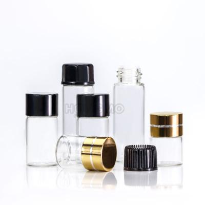 China Recyclable Material 1ml 3ml 5ml Small Mini Clear Sample Test Port Sealing Tube Vial Glass Bottle With Gold Cap For Perfume Essential Oil for sale