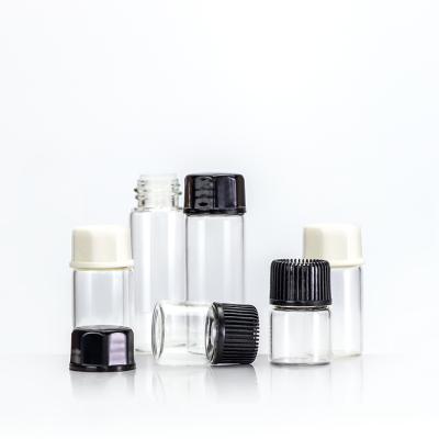 China Mini Small Recyclable Material Clear Glass Perfume Vials 1ml 3ml 5ml With Orifice Reducer And Black White Screw Cap For Sample Tester Bottles for sale