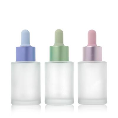 China Cosmetic Frosted Glass Dropper Bottle Rose Blue Green Essential Oil 30ml Empty Serum Glass Dropper Bottle for sale