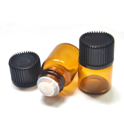 China 1ml 2ml 3ml 5ml Mini Amber Glass Bottles Perfume Vial Essential Oils Cosmetic Bottle with Orifice Reducers and Black Caps for sale