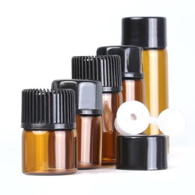 China Mini Amber Sample Bottle 1ml 2ml 3ml 5ml Cosmetic Empty Glass Vials Bottle With Orifice Reducer And Black Caps for sale