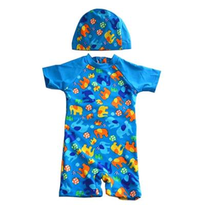 China Short Sleeve Baby Kids Boys One Piece Swimsuit With Cap Boy-Short Sleeve Leg Guard Sun Protective Swimwear Rash Wetsuit for sale