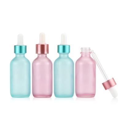 China Personal Care Products Empty 2 4 8 16 32 Fluid Ounce Boston Rounds 0.5 1 Colored Frosted Matte Pink Glass Dropper Bottle For Facial Care for sale