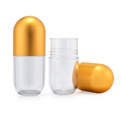 China Custom Empty Wide Mouth 55g Medicine Capsule Shape Containers Glass Pill Bottle Pill Smell Proof Jar With Caps for sale