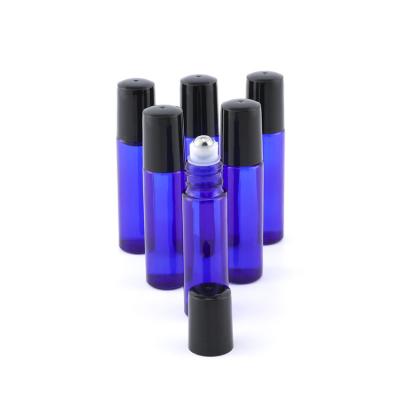 China Personal Care 1/3 oz 10ml roll on 8ml 5ml empty round blue glass rollerball bottle for essential oils with lid for sale