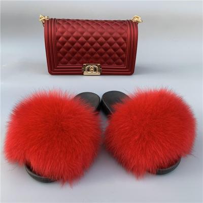 China Wholesale Anti-odor Ladies Fur Slide Fur Slippers Color Jelly Bag Fox Slippers Set for sale