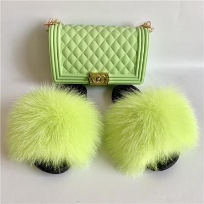 China Anti-Smell Woman Shoes Slippers Matte Colorful Jelly Bags Shoe Flip Flops Fluffy Slippers Fox Fur Slides Sets for sale