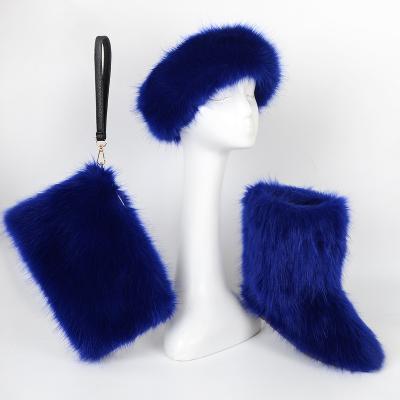 China Factory Sale Anti-skid Colorful Faux Fur Fluffy Boots Sets Assortment With Headband Purse Bags For Ladies Women for sale