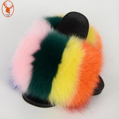 China 2021 Wholesale High Quality Anti-slippery Women Fox Fur Soft Fluffy Slippers for sale