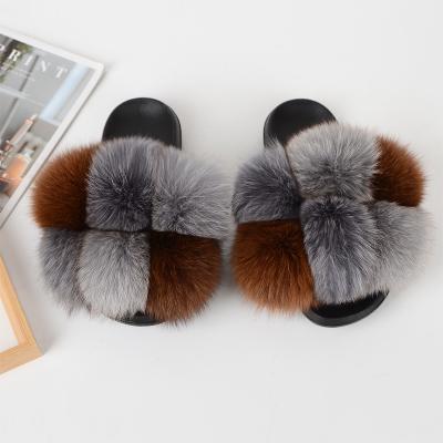 China Breathable Real Fox Fur Slippers Ladies Colored Slippers Big Hair Sneakers for sale