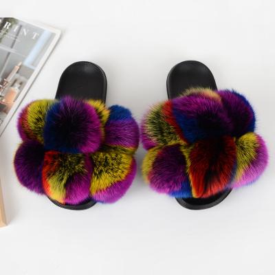 China Designer Luxury Multi Slippers Fur Pompom Factory Fox Fur Sandals Breathable Colored Custom Slippers Wholesale Spring Large Real for sale