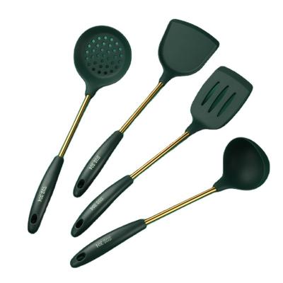 China Kitchenware Dark Green Plastic Handle Synthetic Metal Silicone Metal Cookware Set for sale