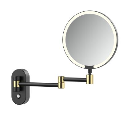 China Wall Mounted Round Magnifying Double Sides Brass Led Light Vanity Mirror For Make Up for sale