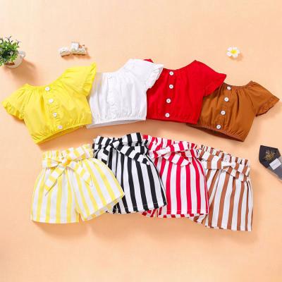 China New Style Solid Color Casual Tops Summer Striped Shorts Blow Sleeve Baby Clothes Suit for sale