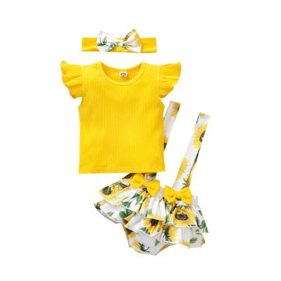 China Casual Newborn Baby Summer Clothes Sets Floral Ruffle Sleeve Top T-shirt Suspender Shorts With Headband for sale