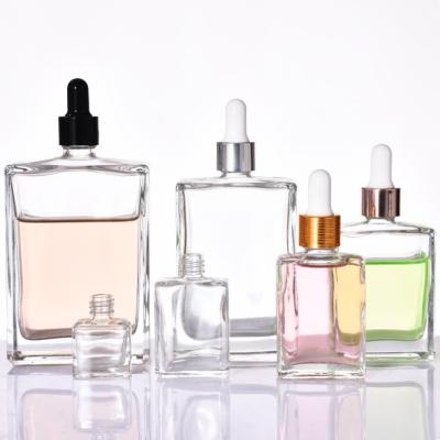 China Square 30ml 50ml 100ml Cosmetic Hot Wholesale Flat Transparent Oil Rotary Cap Squeezing Clear Skin Care Essence Dropper Bottle for sale