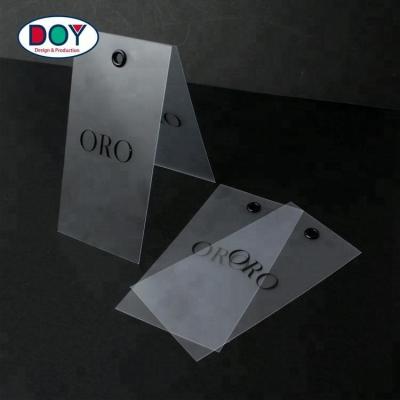 China Luxury Custom Screen Print Name Logo Cloth Clear Transparent PVC Plastic Hang Tags with Metal Eyelet for sale