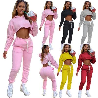 China QUICK DRY Crop Top Fall Crews Sweatpants Plus Velvet Solid Color Navel Cropped Hoodie Two Piece Set for sale