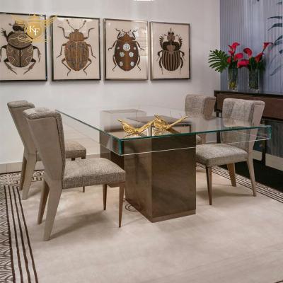 China OEM Luxury Custom Lightweight Designs Tempering Metal Glass Top Dining Table With Chair for sale