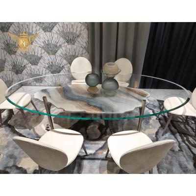 China OEM Luxury Custom Lightweight Designs Tempering Metal Glass Top Dining Table With Chair for sale