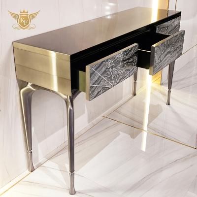 China KF gold console table home living room gold cabinet entryway luxury black extendable with marble top shelving and drawers for sale