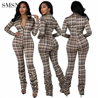 China Latest Design Plaid Print Long Sleeve Elegant Office Wear Women Jumpsuits And Rompers QUICK DRY Zipper Jumpsuit for sale