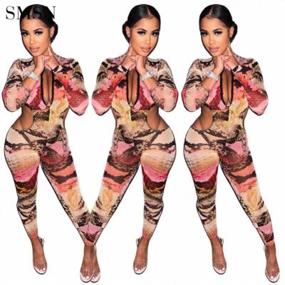 China Good Quality Printing Long Sleeve Zipper Stylish Bodycon Jumpsuits Stylish One Piece Rompers for sale