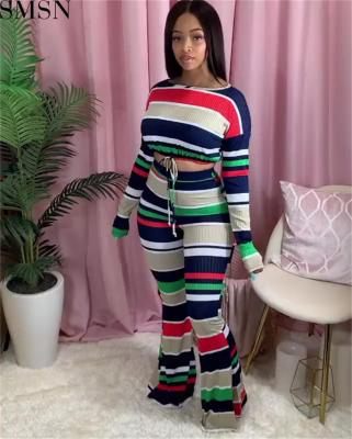 China Breathable High Quality Fashionable Rainbow Striped Wide Leg Sets Private Label Two Piece Set Women's Clothing Fashion Two Piece Set F for sale