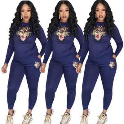 China New Trendy QUICK DRY Casual Tiger Head Sequins Joggers Pants Solid Color Two Piece Set Jogger Set Two Piece Set for sale