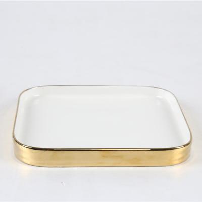 China Sustainable High Quality White Gold Ceramic Rim Square Flats Plate Restaurant Dinnerware Glazed 7.5 8.75 Inch for sale