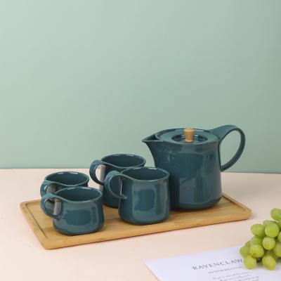 China Viable Ware Restaurant Supermarket Afternoon Tea Time Dark Green Glazed Teapot And Ceramic Tea Cup Mugs Set for sale