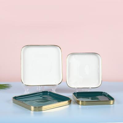 China Sustainable Luxury Color Glazed Ware Wedding Gift Tableware Salad Pasta White Square Ceramic Dish Set With Gold Rim for sale