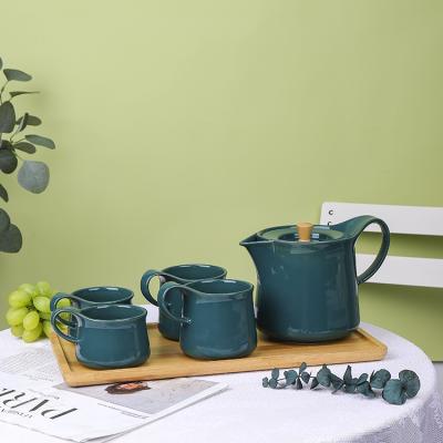 China Amazon Success 6PCS Sustainable Dark Green Home Office Used Tea And Coffee Classic Chinese Tea Cup Porcelain Tea Set With Wood Tray for sale