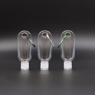 China Mini pet products 30ml household empty transparent hand soap gel head chain bottle with clip carabiner for sale