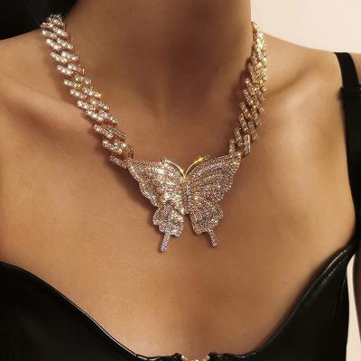 China Full Diamond Cuban Buckle Punk Exaggerated Diamond Chain Costume Jewelry Butterfly TRENDY Hip Hop necklace for sale