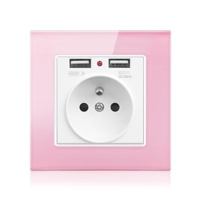 China Industrial French Wall Power Socket, 16A Electrical Outlet With Dual 2100mA Usb Charger Crystal Glass Panel 86*86 Colorful for sale