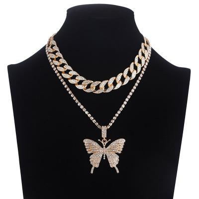 China Chain Necklace Butterfly Fashion Jewelry Alloy Bling Hip Hop Cuban Link Choker Pendant Necklace for sale