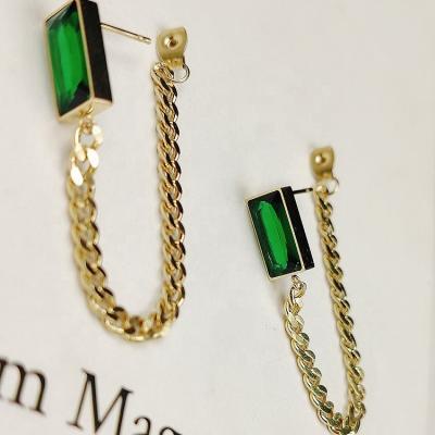 China Titanium Steel Green Diamond Tassel Earrings, Wholesale Romantic Luxury Golden Earings Jewelry Fashion Women for sale