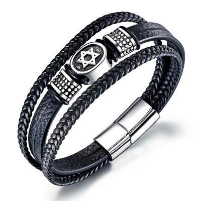 China FASHIONABLE Hot Selling 2022 Men's Stainless Steel Snap Clasp Bangle Leather Bracelet for sale