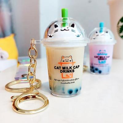 China Mini Cat Milk Tea Cup Key Pendant Chain Korean Accessories Gift Cat Liquid Boba Keychain Cute Acrylic With Coloful Belt for sale