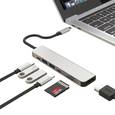 China Laptop 7 Ports USB-C Hub 7 In 1 Aluminum Type C Hub SD/TF Multiport USB 3.0 Adapter for sale