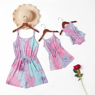 China QUICK DRY tie-dye printed mommy and me dungarees mommy and me dungarees colorful parent-child halter waist overalls outfits 2021 for sale